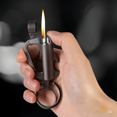 Зажигалка-брелок с карабином на бензине темно-серый